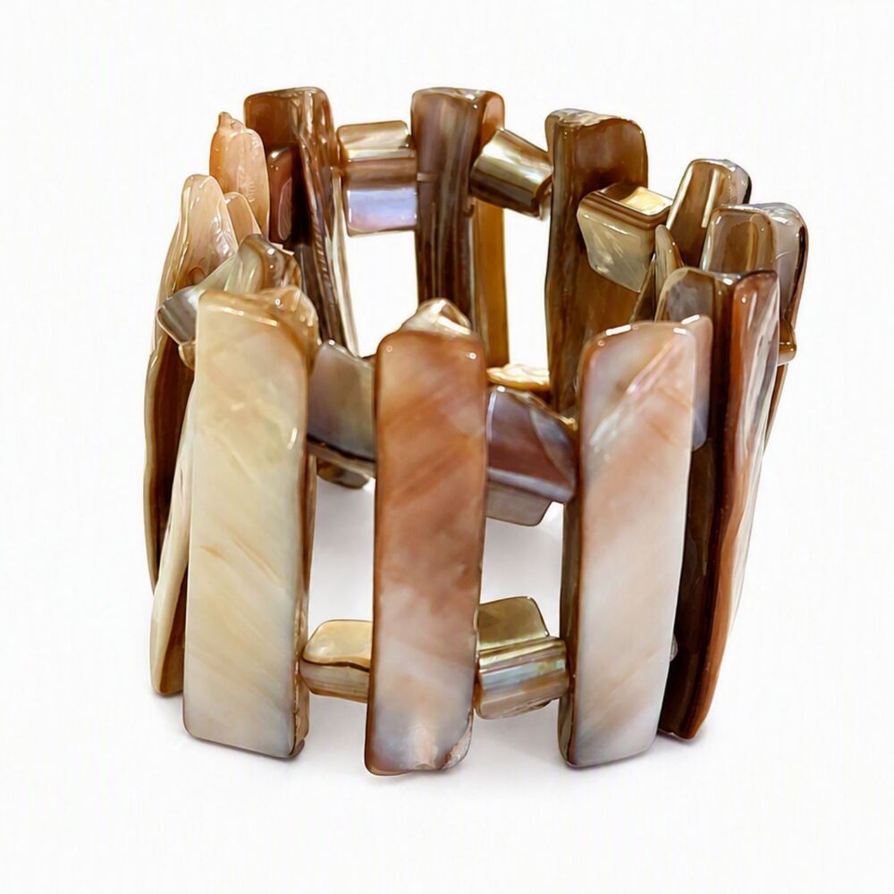 VTG Style Natural Shell Summer Beach Stretch Bracelet Brown Cream Resort 5.5"